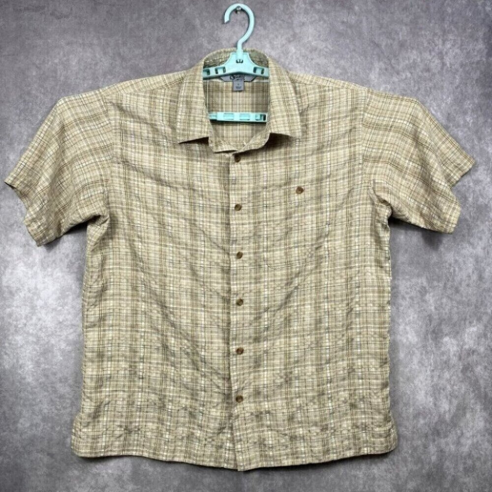Gander Mountain Shirt Mens Large Tan Plaid Textured Modal Blend Cool Lightweight
